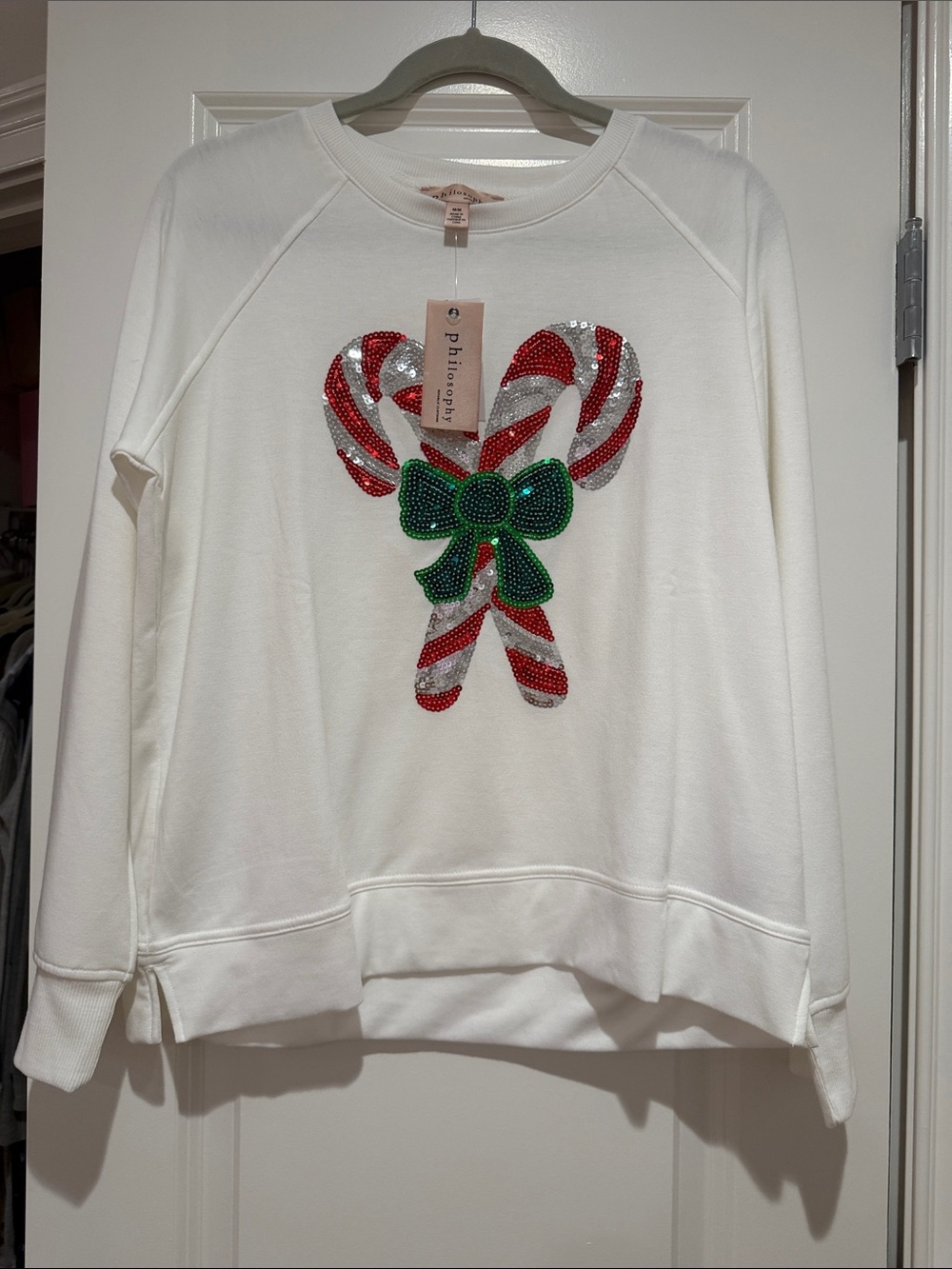 Philosophy White Embellished Candy Cane Sweatshirt size Medium NWT